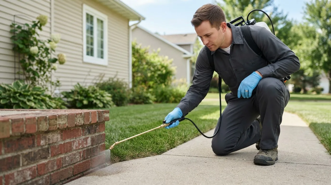 Pest control technician treating a home near White Oak, GA